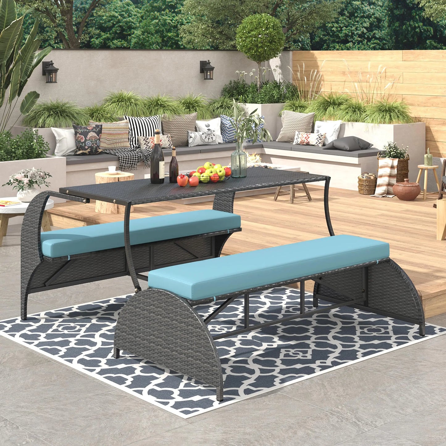 Outdoor Rattan Loveseat Convertible Picnic Table Set for Patio Garden