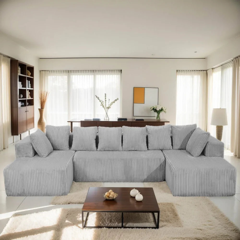 NONECN U Shaped Sectional Sofa With Striped Corduroy Fabric