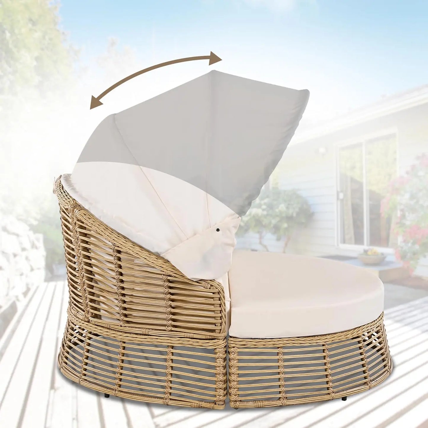 Outdoor Rattan Round Daybed With Retractable Canopy Sunbed Removable Cushions