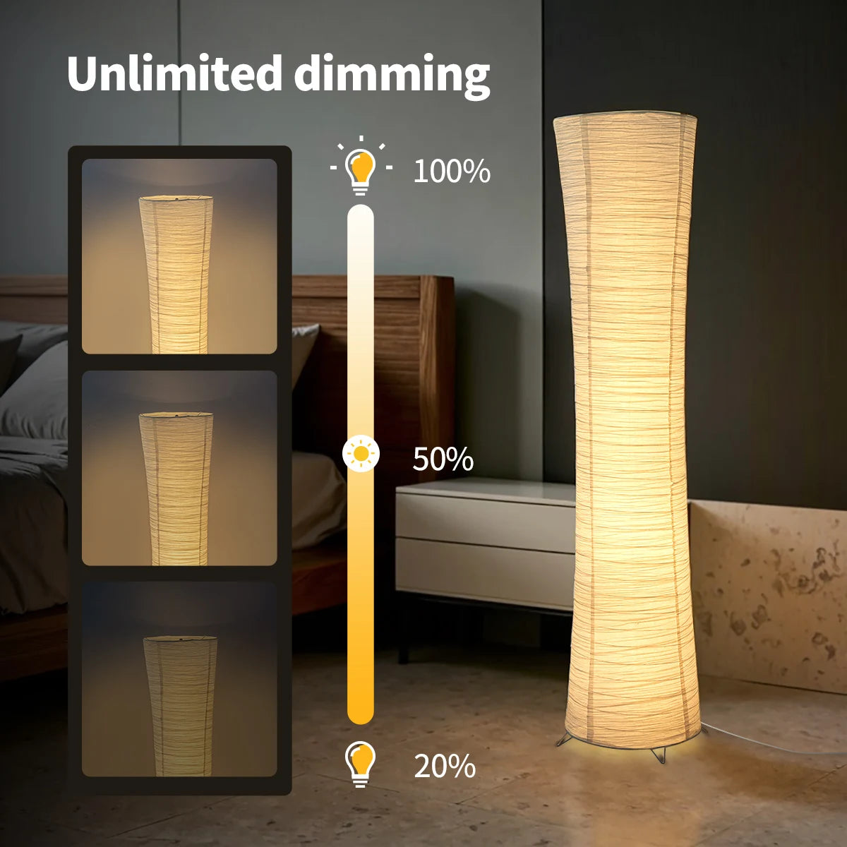 Paper Floor Lamp With Chrome Base And LED Light Strip For Living Room