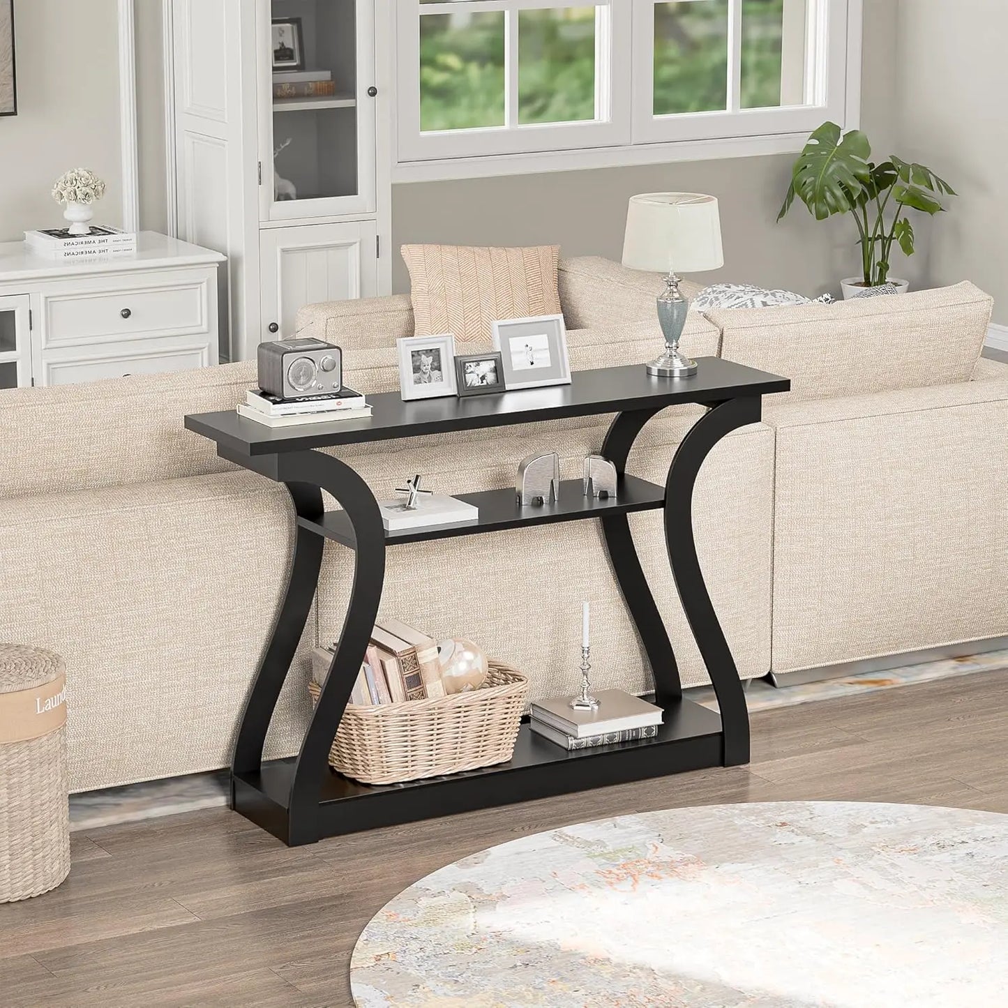 Console Table With Three Tier Storage Shelves For Entryway