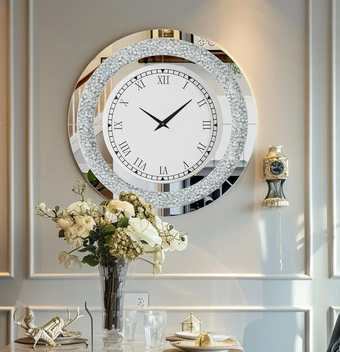 Glam Sparkle Round Mirror Wall Clock For Home Decor