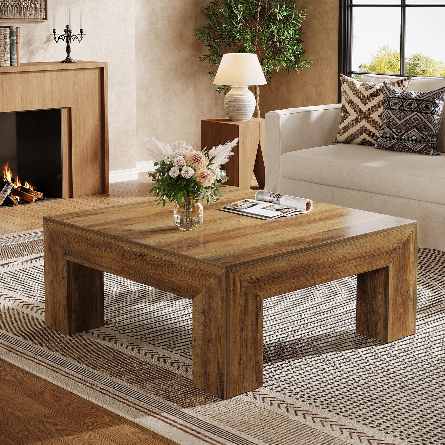 Tribesigns Farmhouse Square Coffee Table With Sturdy Wooden Legs