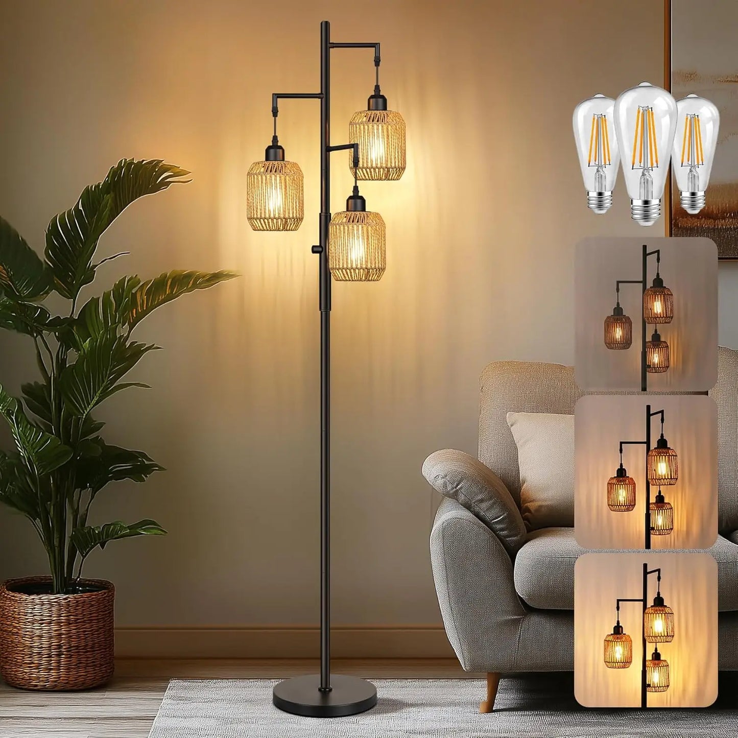 Dimmable Boho Floor Lamp With 3 Light Rattan Design