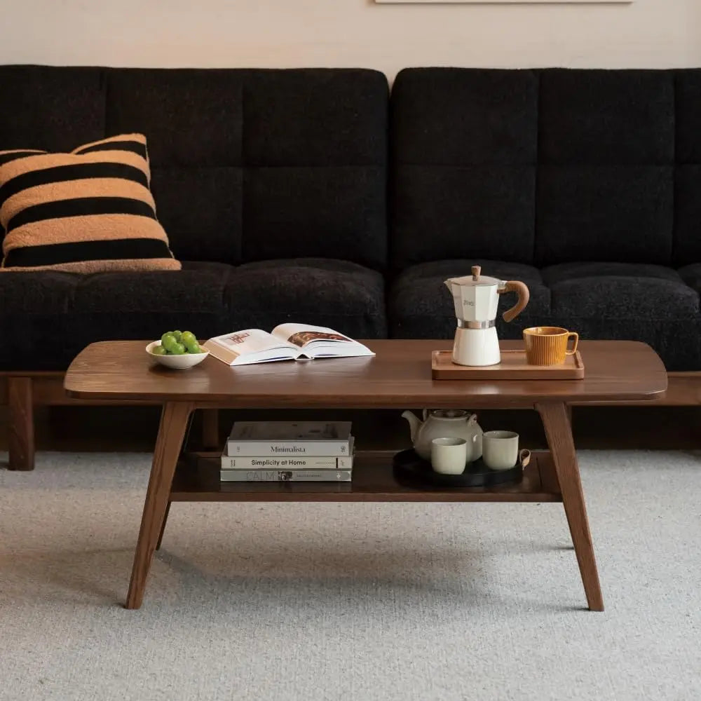 Solid Oak Wood Coffee Table With Shelf Storage Living Room