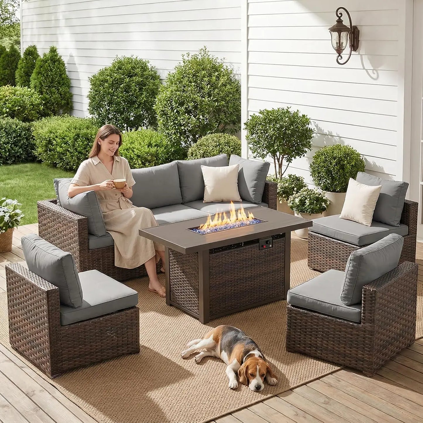 XIAOLANG Outdoor Patio Sectional Set With Fire Pit Table