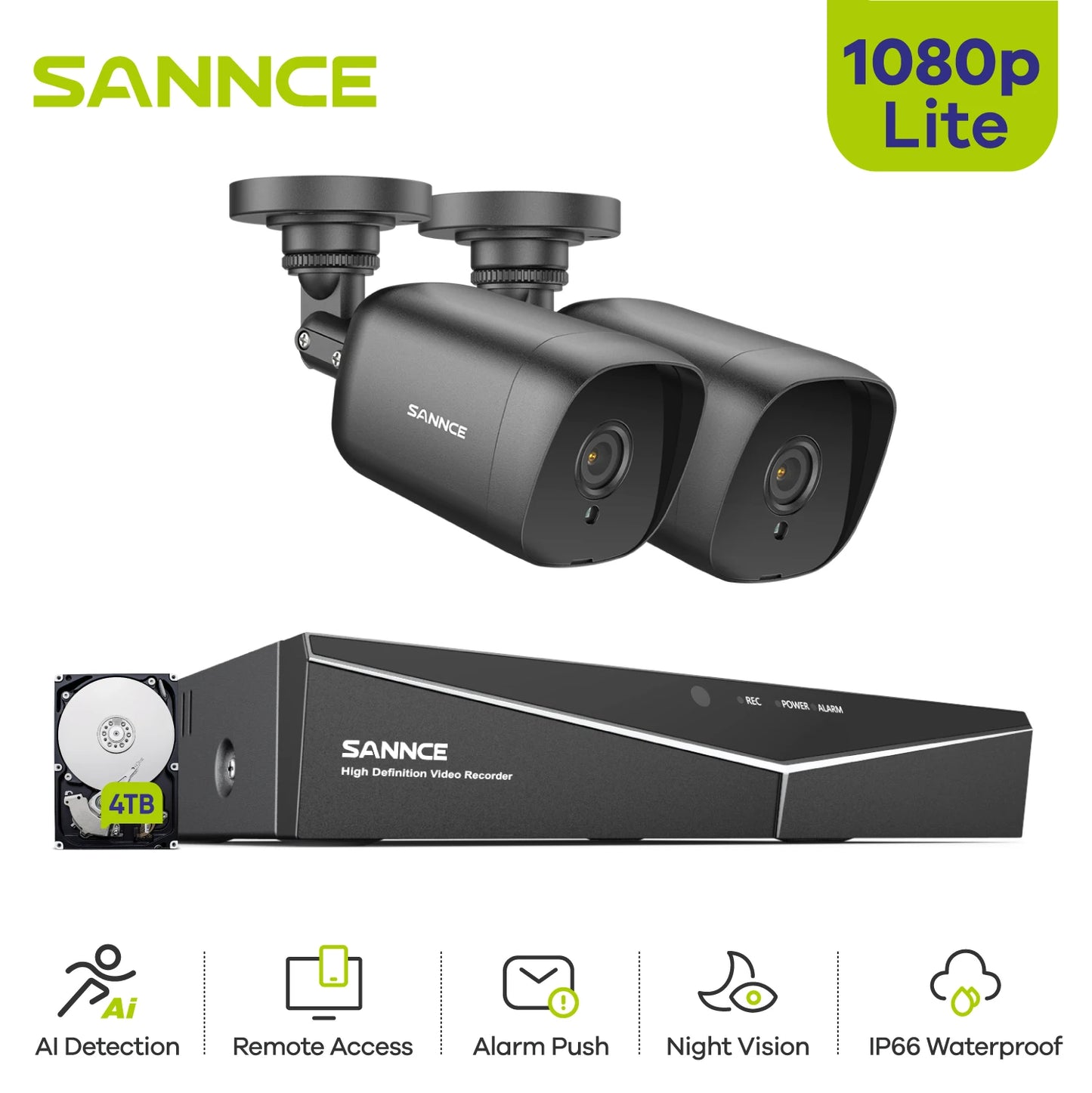 SANNCE 4 Channel DVR CCTV System With 2MP Outdoor Cameras