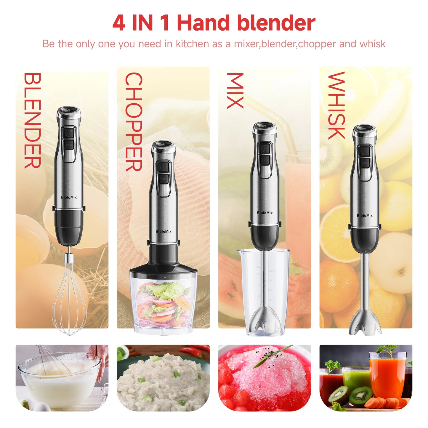 Biolomix 4-In-1 1200W Immersion Hand Blender With Chopper