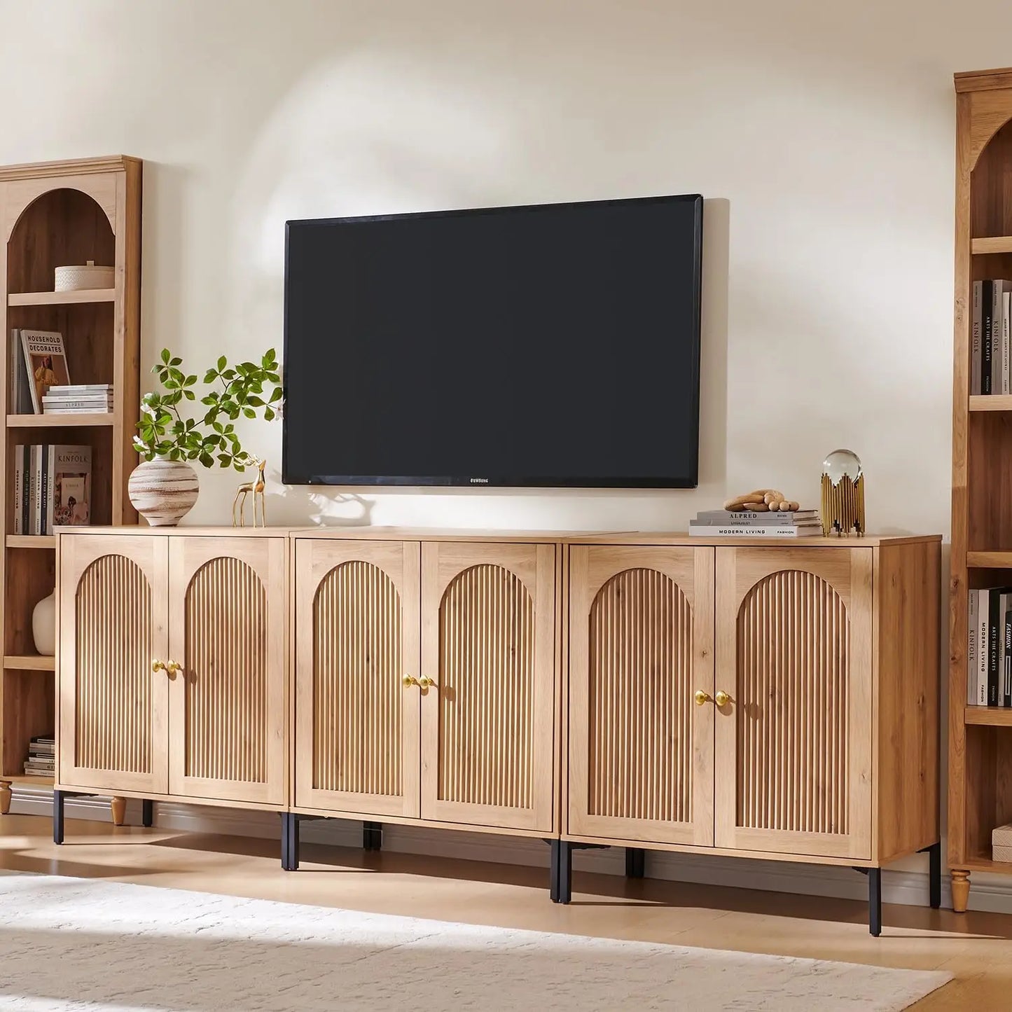 Wood Entertainment Center For TVs With Adjustable Shelves