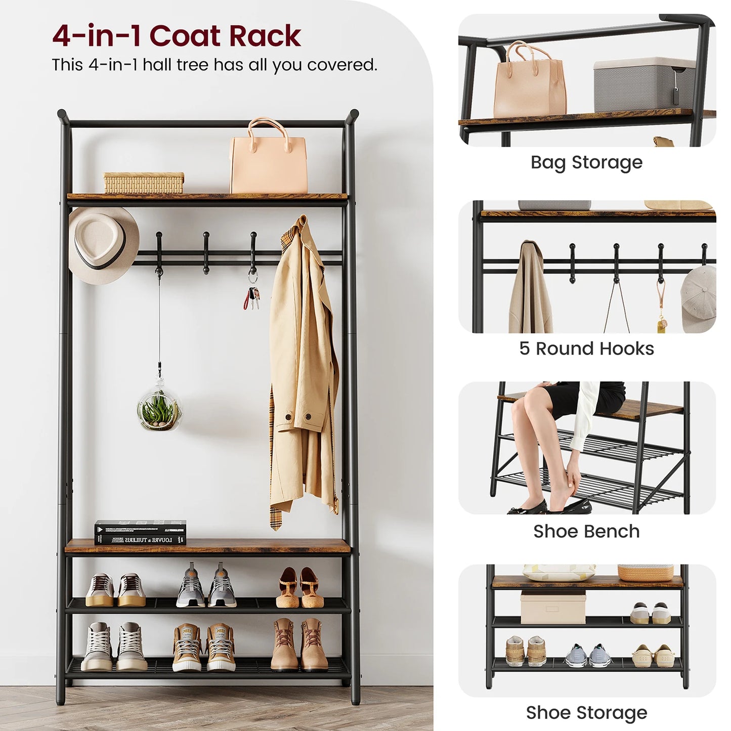TWISTER.CK Coat Rack 4-In-1 Hall Tree With Shoe Storage