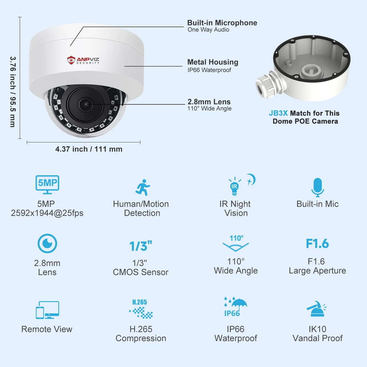 Anpviz 5MP POE IP Dome Camera Outdoor Security IP66