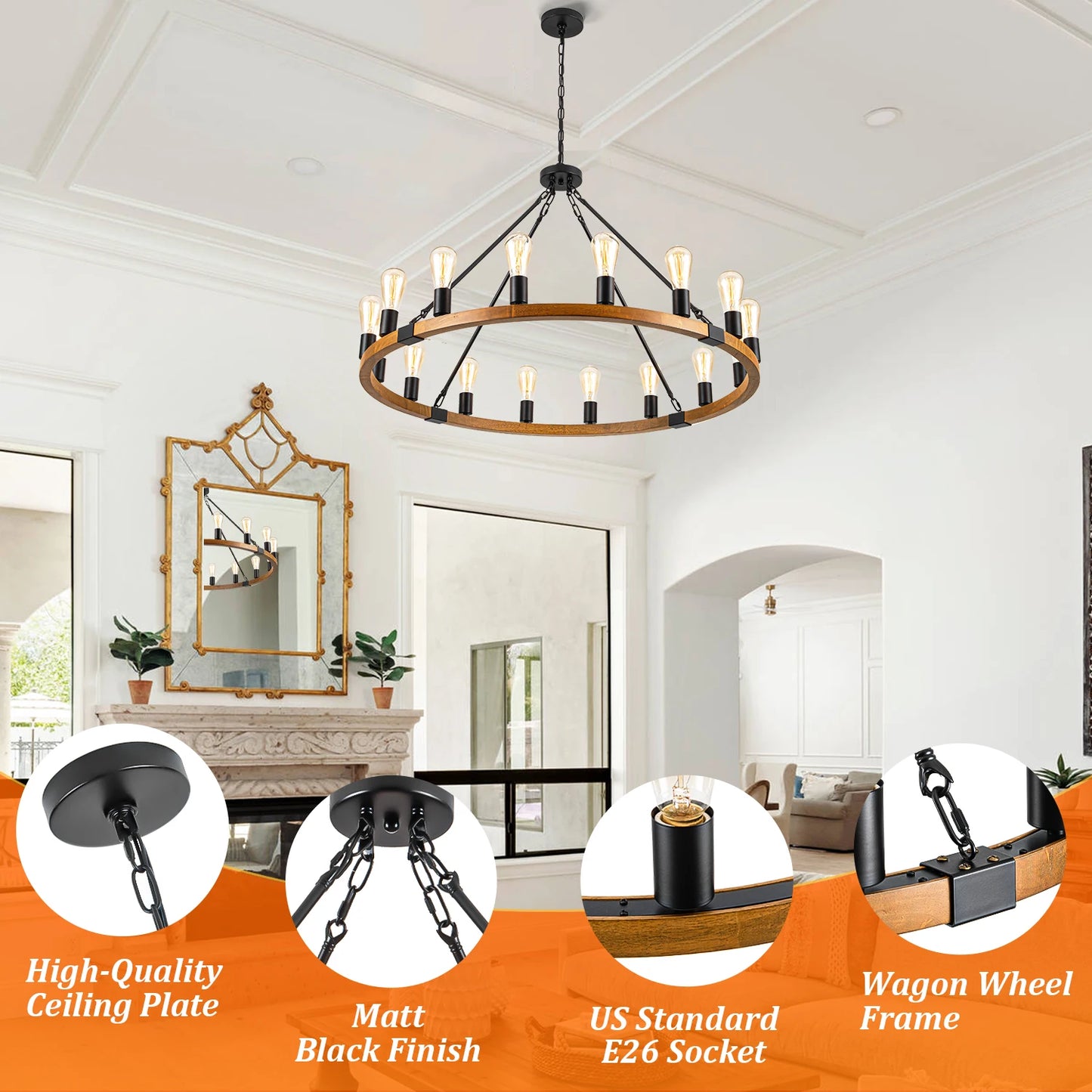 Wood Wagon Wheel Chandelier Farmhouse Pendant Light