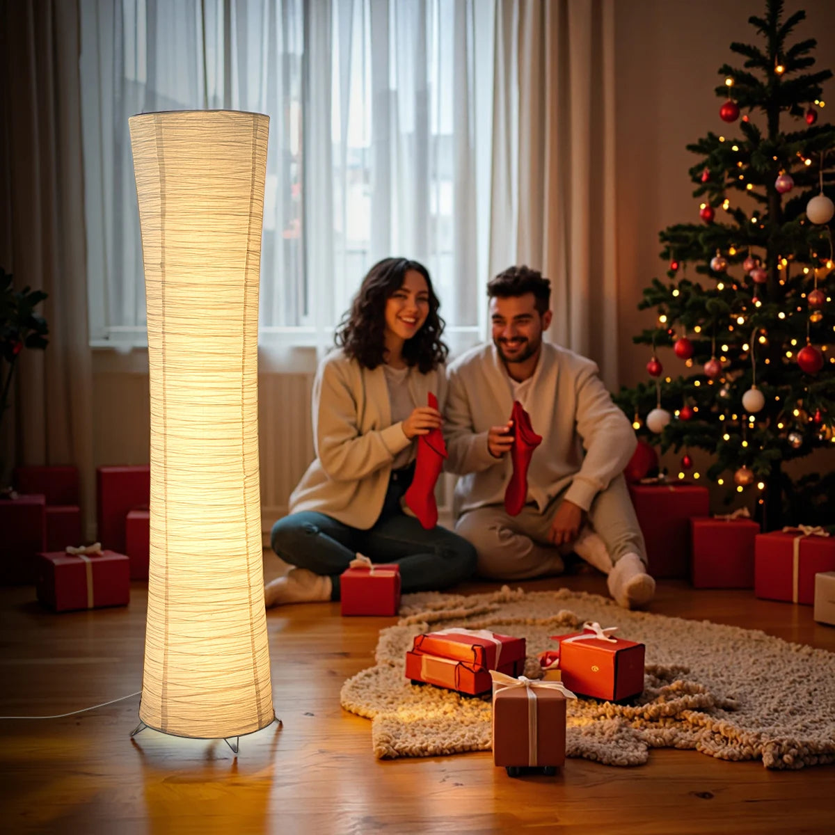 Paper Floor Lamp With Chrome Base And LED Light Strip For Living Room