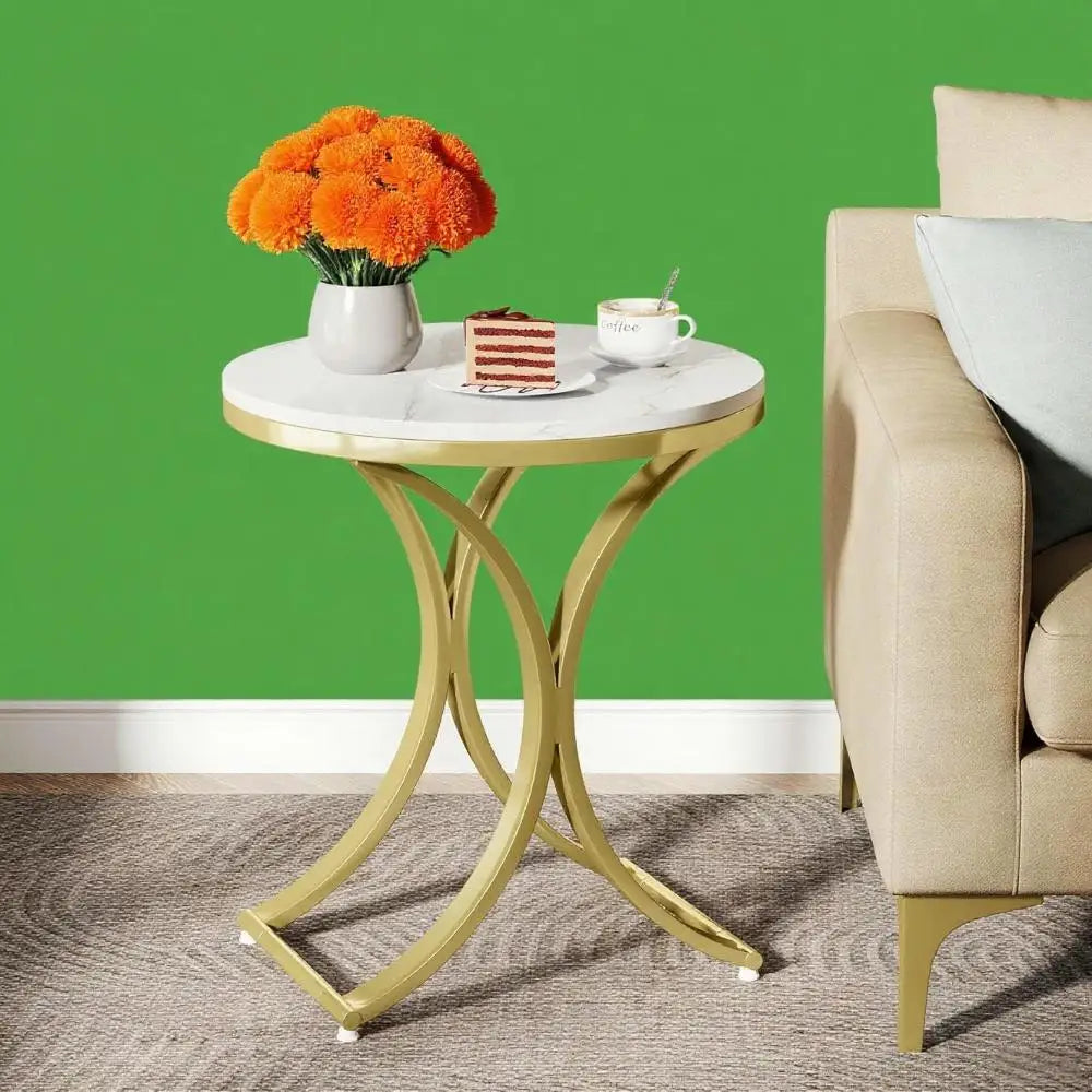 Round Marble Top Sofa Side Table With Gold Accents