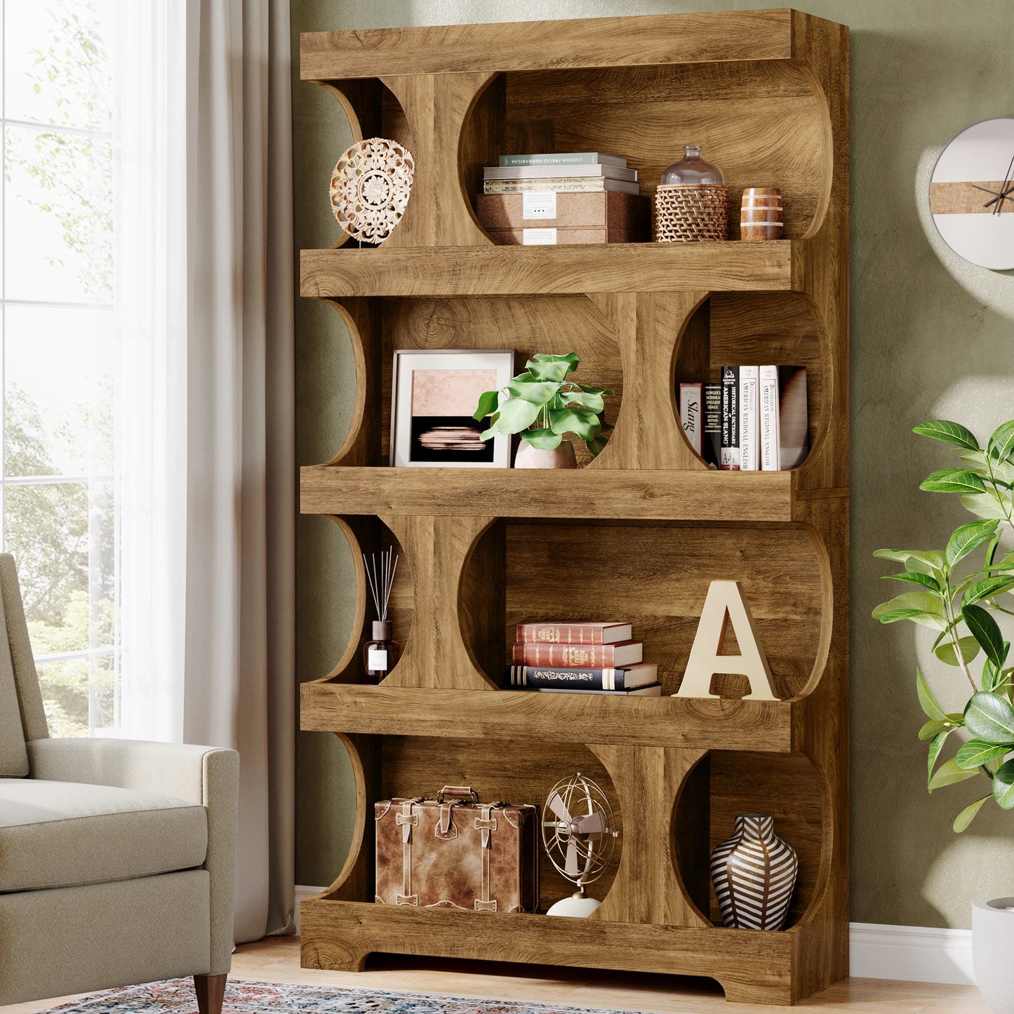Tribesigns S-Shaped 4-Tier Bookcase Freestanding Wood Storage