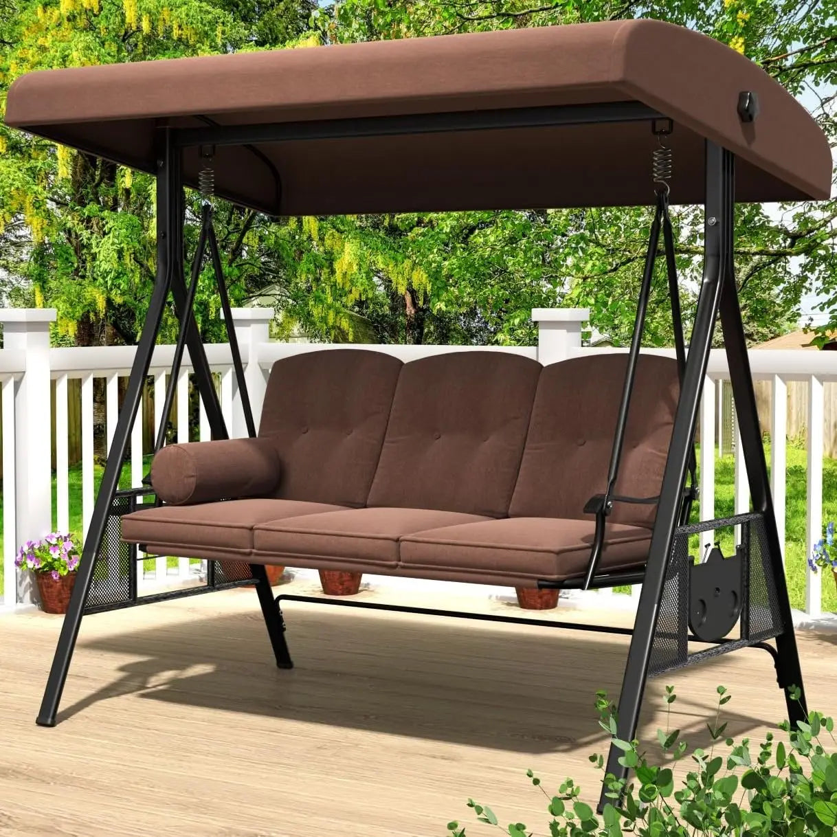 HUANZHUANG 3-Seat Outdoor Porch Swing With Adjustable Canopy