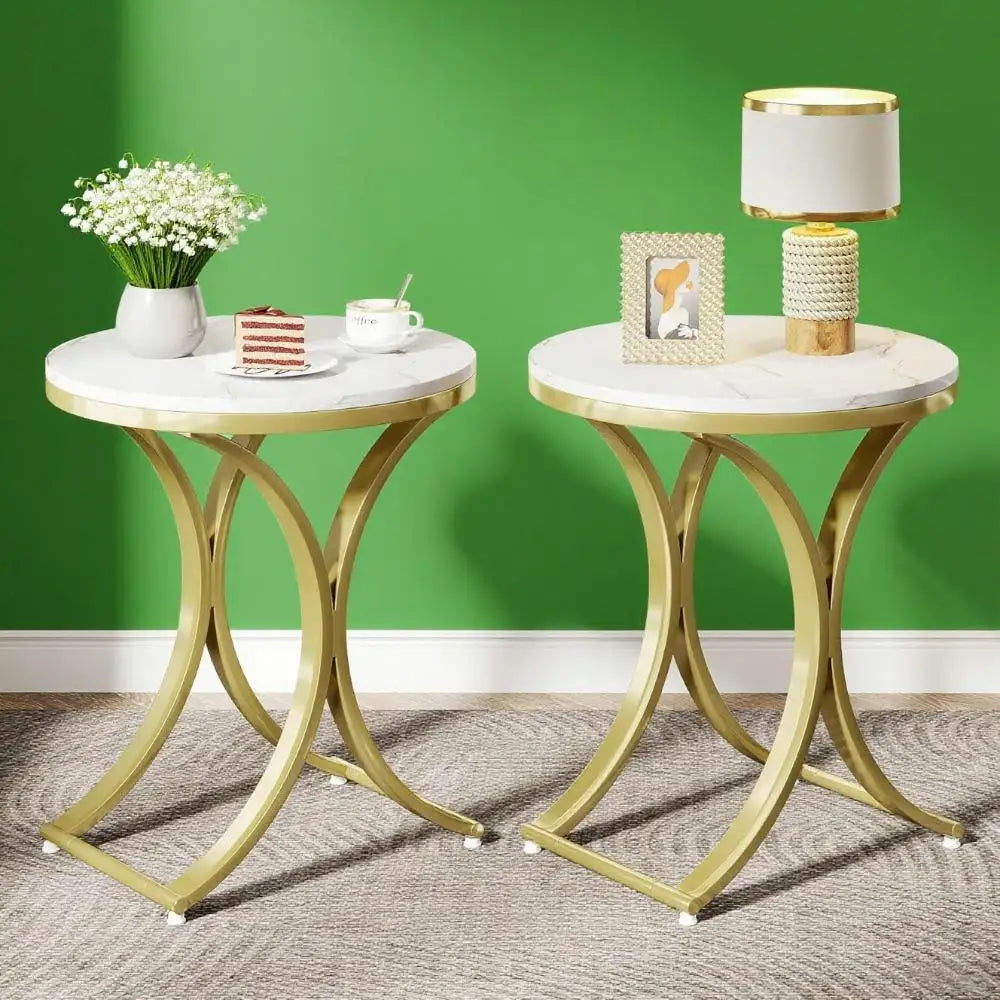 Round Marble Top Sofa Side Table With Gold Accents