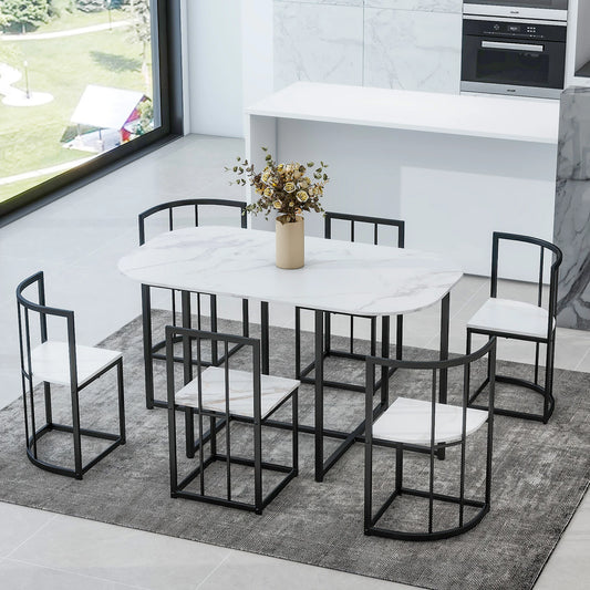 Wavesloop Modern 7 Piece Dining Table Set With Faux Marble