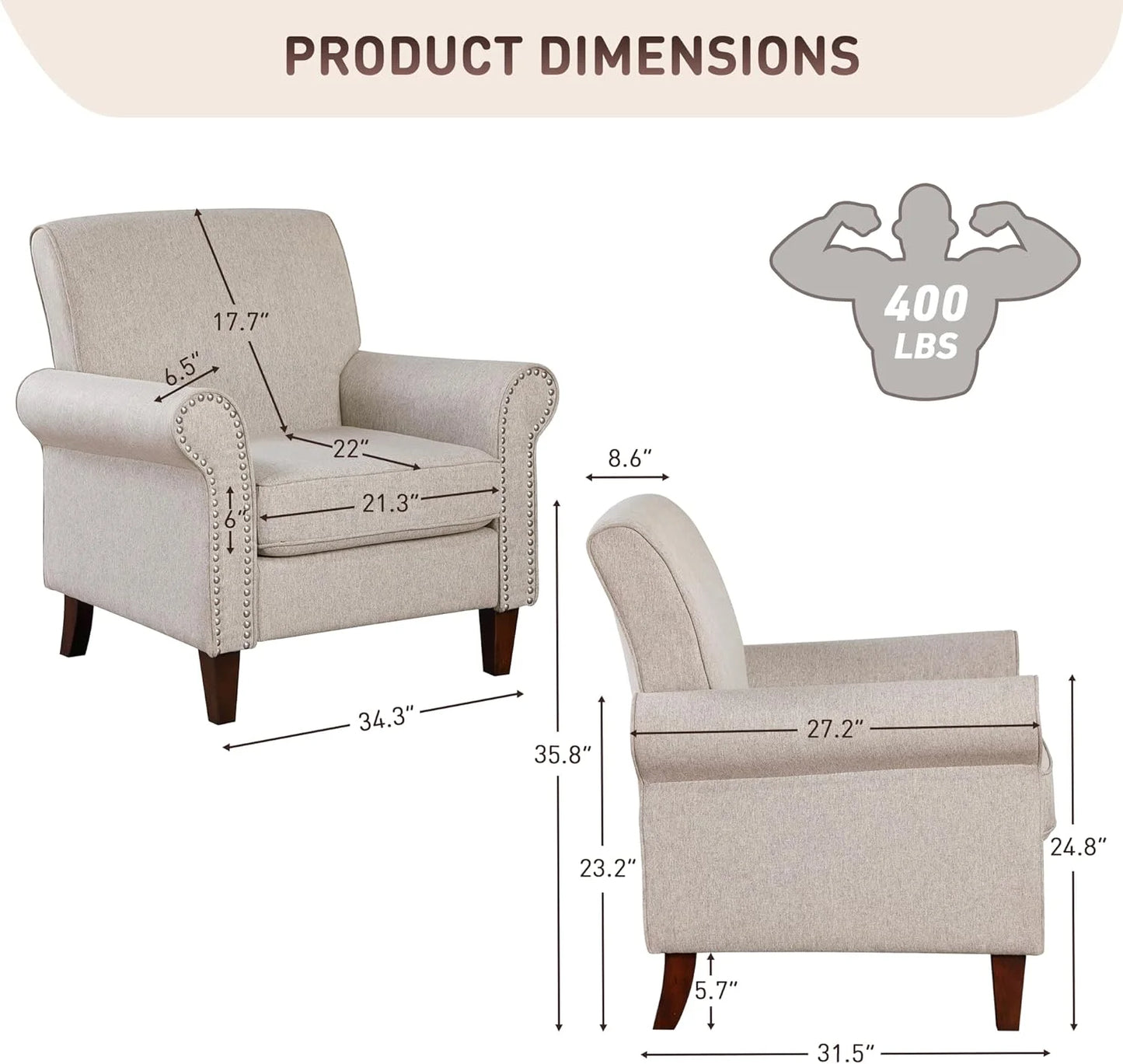 Upholstered Living Room Chair Set of 2 With Rolled Arms