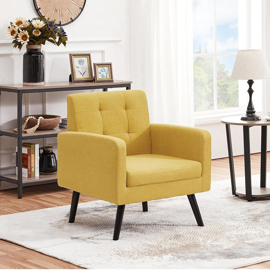 Mid-Century Modern Upholstered Armchairs With Tufted Back And Wood Legs