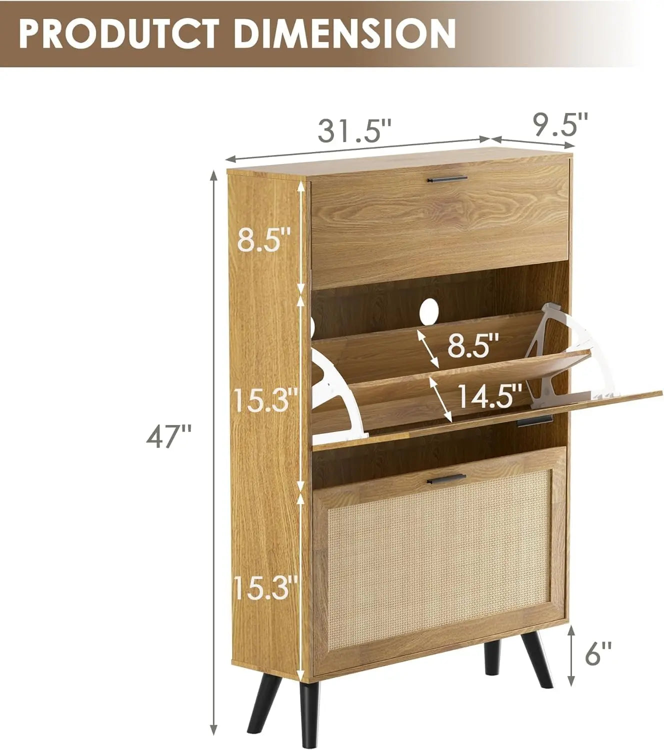 Natural Rattan Entryway Shoe Cabinet With Two Flip Drawers