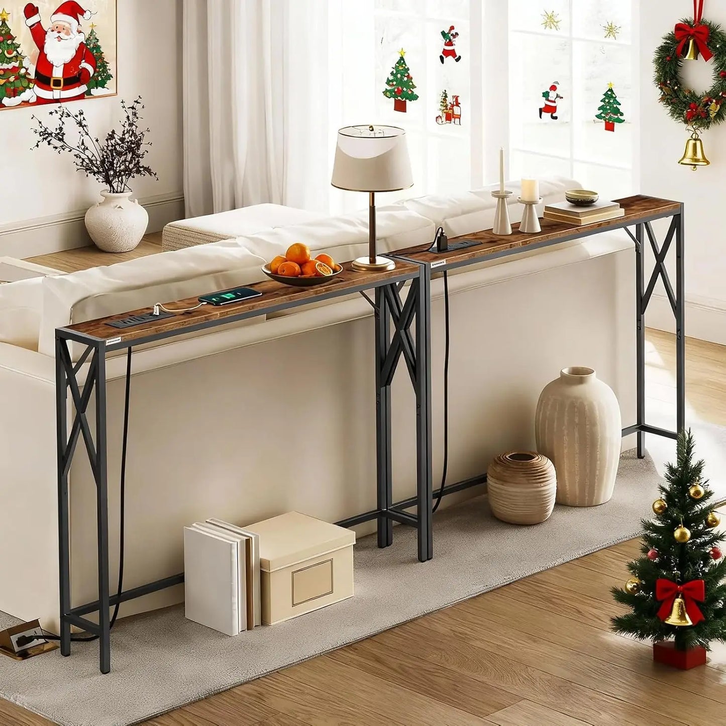 Two Pack Narrow Sofa Table Slim Console With Charging Station