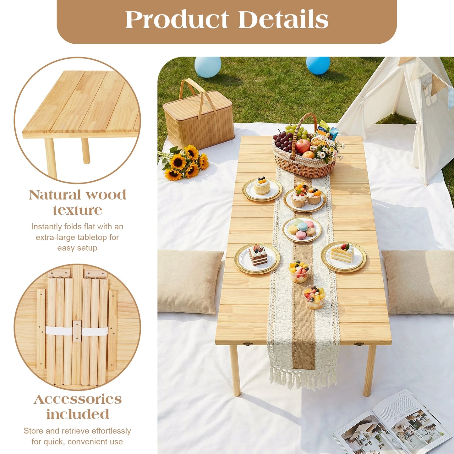 Foldable Boho Low Picnic Table Wood Portable For Outdoor Camp Beach