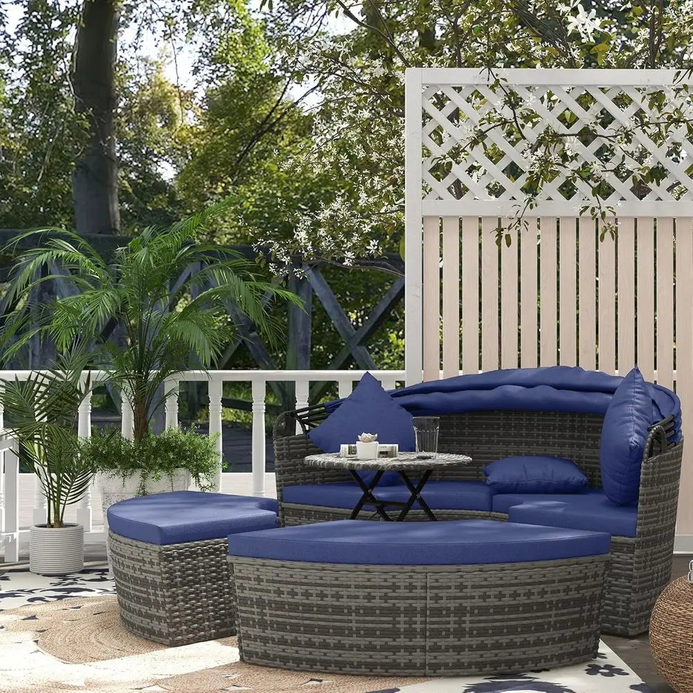 Round Rattan Daybed Patio Set 4 Piece Outdoor Sectional