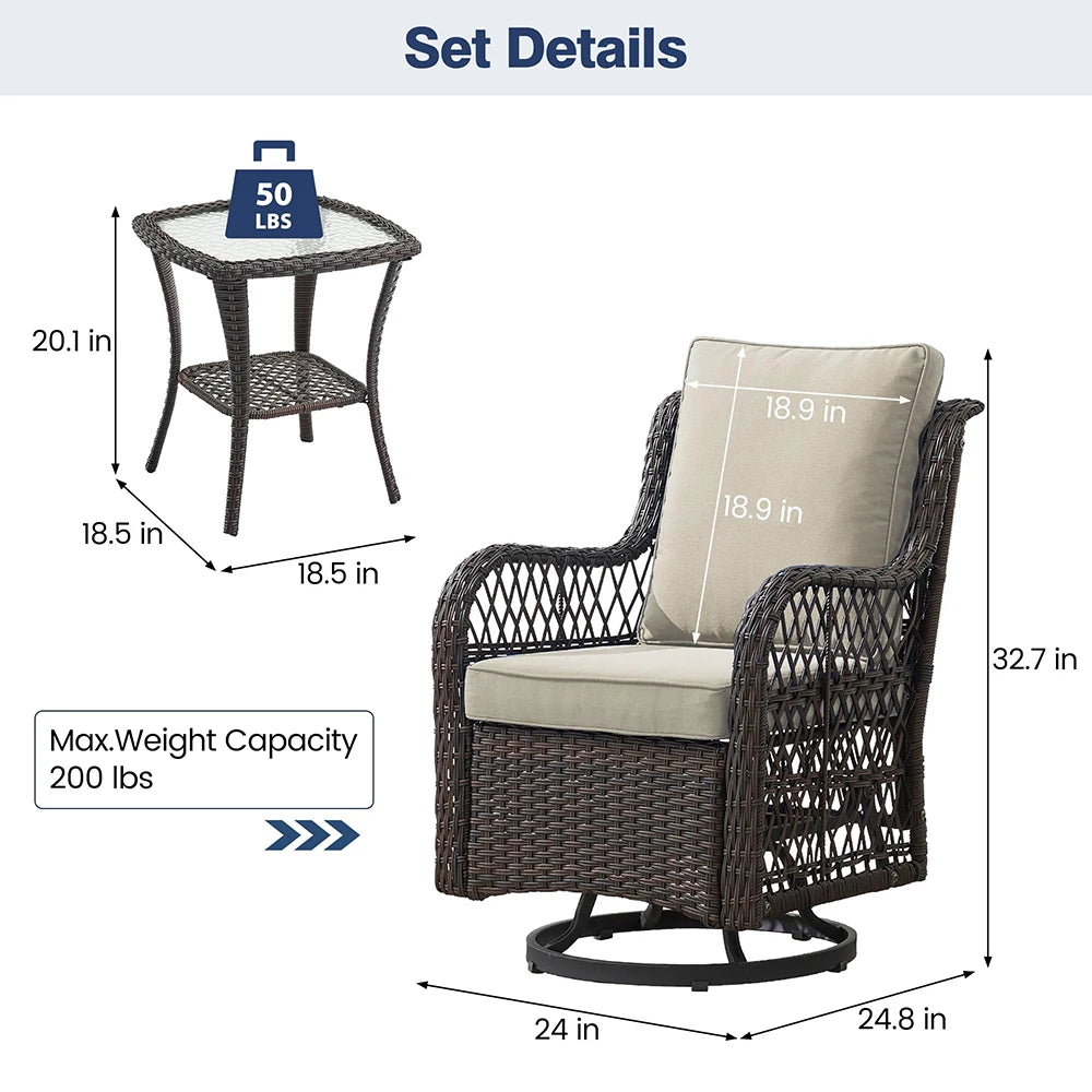 HiMISS 3 Piece Wicker Patio Set With Two Swivel Chairs And Glass Table