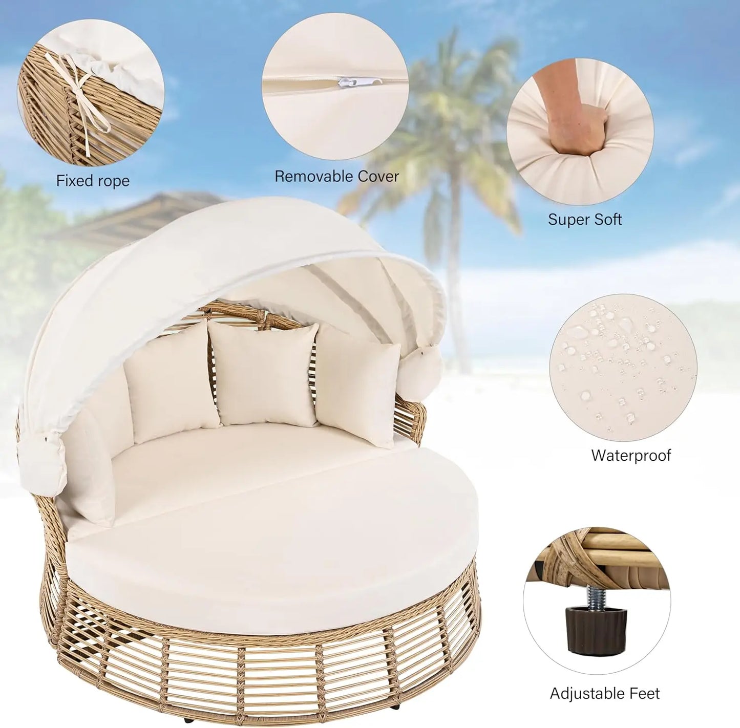 Outdoor Rattan Round Daybed With Retractable Canopy Sunbed Removable Cushions