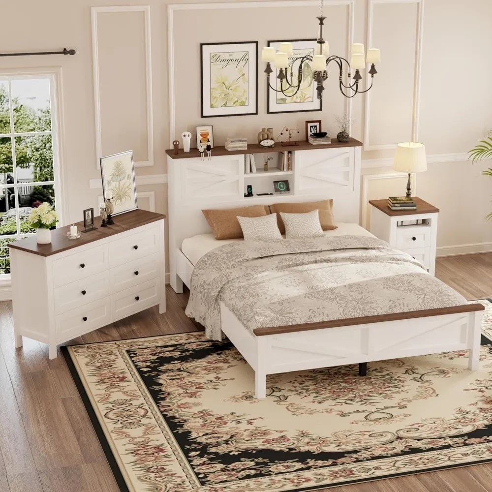 RBXC 3 Piece Farmhouse Bedroom Set With Platform Bed And Storage Nightstand