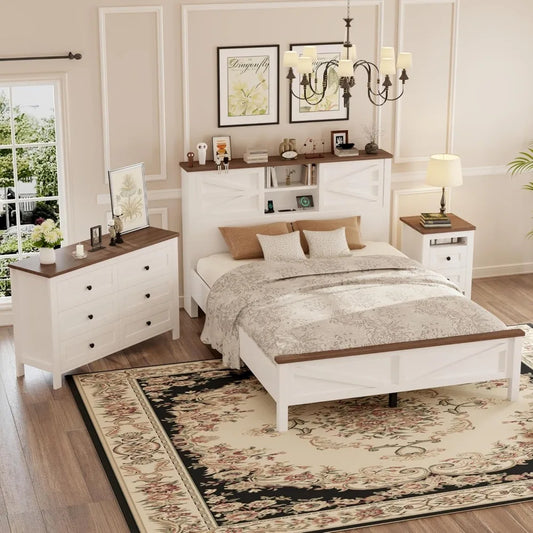 RBXC 3 Piece Farmhouse Bedroom Set With Platform Bed And Storage Nightstand