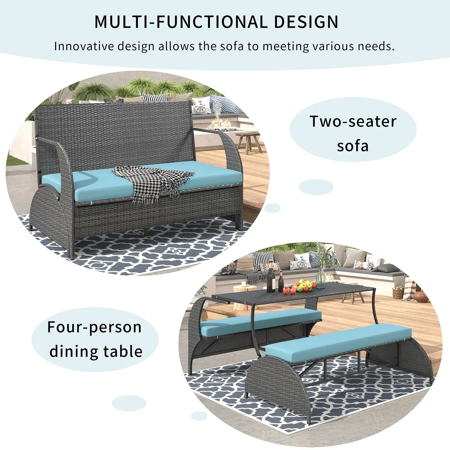 Outdoor Rattan Loveseat Convertible Picnic Table Set for Patio Garden
