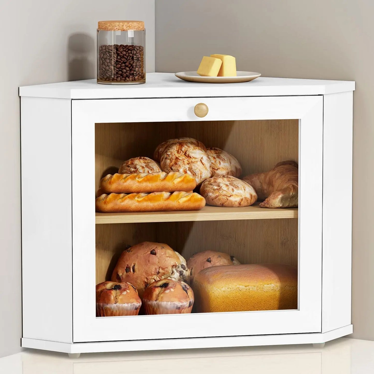 Corner Bamboo Bread Box For Kitchen Countertop Storage