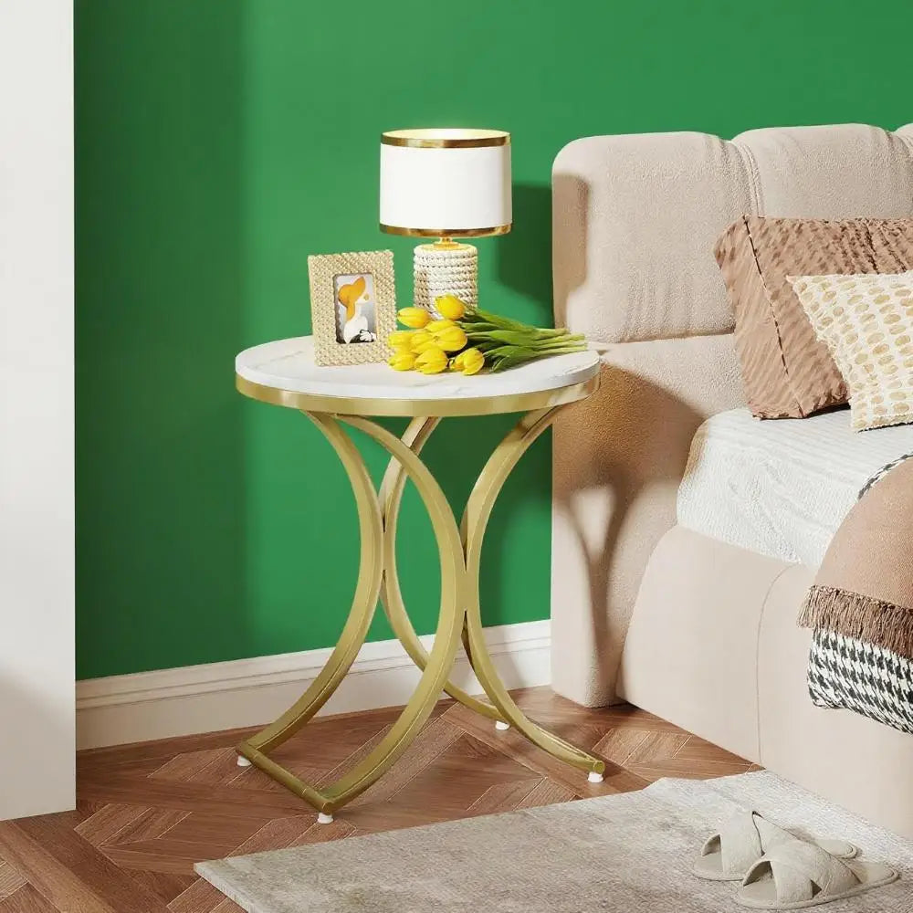 Round Marble Top Sofa Side Table With Gold Accents
