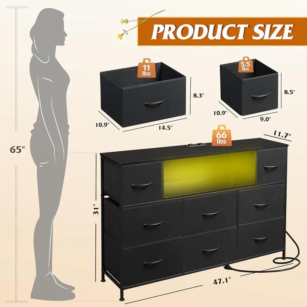 Modern TV Stand With LED Lights Charging Station 8 Drawers
