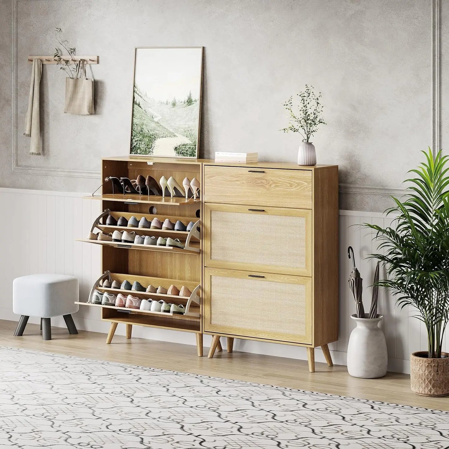 Natural Rattan Entryway Shoe Cabinet With Two Flip Drawers