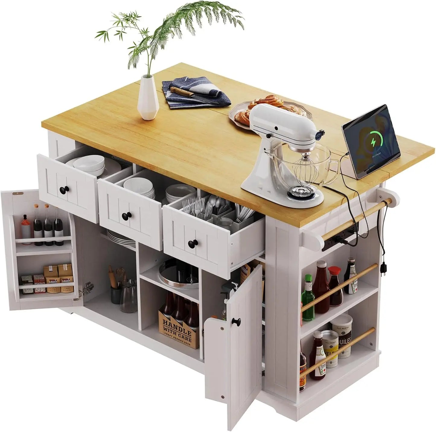 Kitchen Island With Storage On Wheels Drawers Door Rack