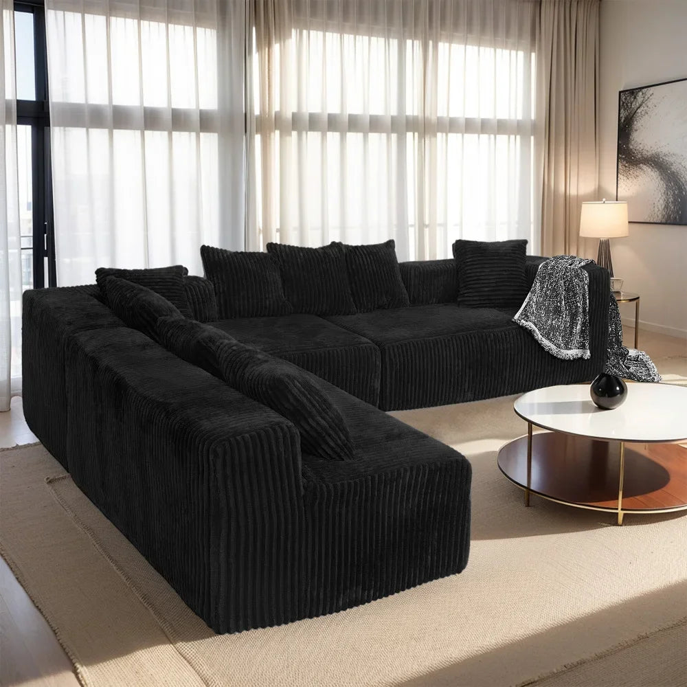 NONECN U Shaped Sectional Sofa With Striped Corduroy Fabric