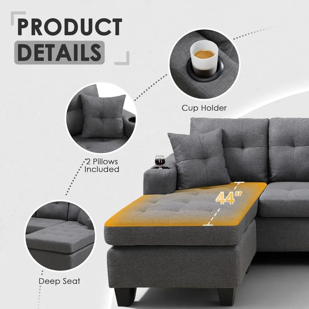 Sectional Fabric Sofa L Shaped With Reversible Chaise