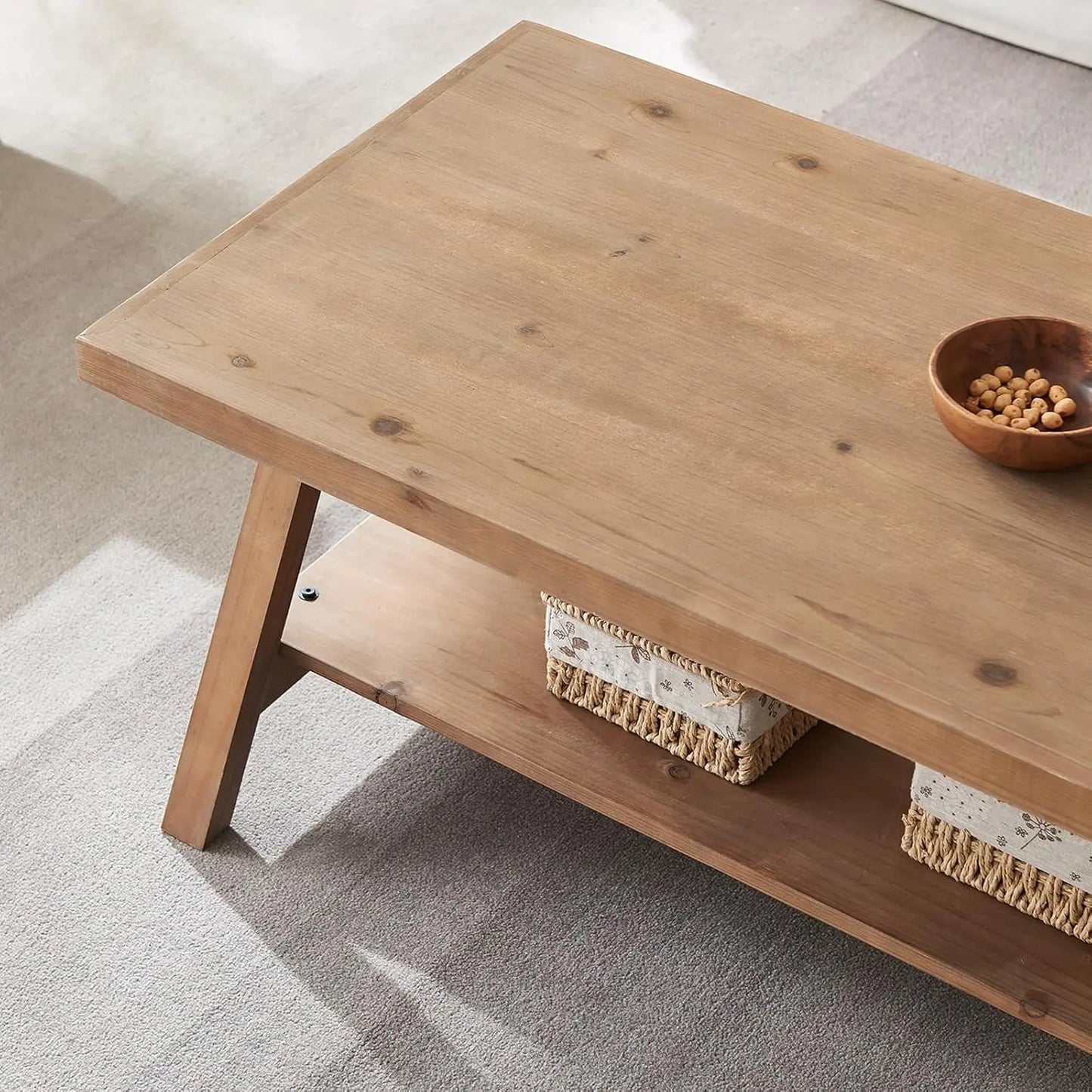 Farmhouse Solid Wood Coffee Table With Storage Shelves