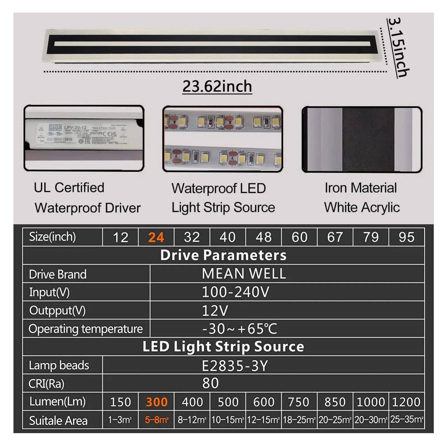 Outdoor Long Strip Modern LED Wall Lighting Fixture Lamps,Wall Sconce Fixture Wall lamp Elegant Frosted White Acrylic IP67 Anti