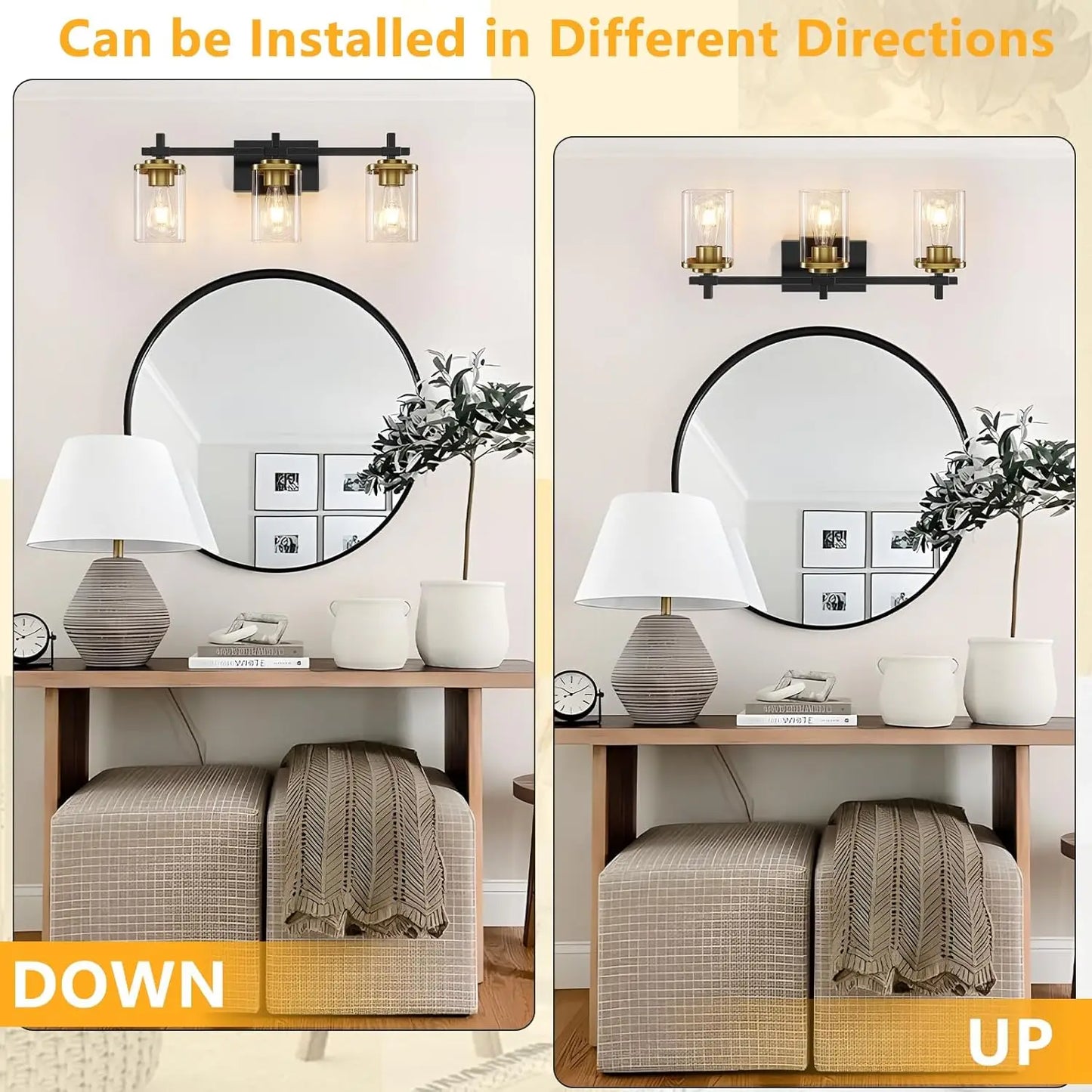 Modern Black and Gold Bathroom Light Fixture with Square Glass Shade, Over Mirror Vanity Lighting for Bedroom Hallway