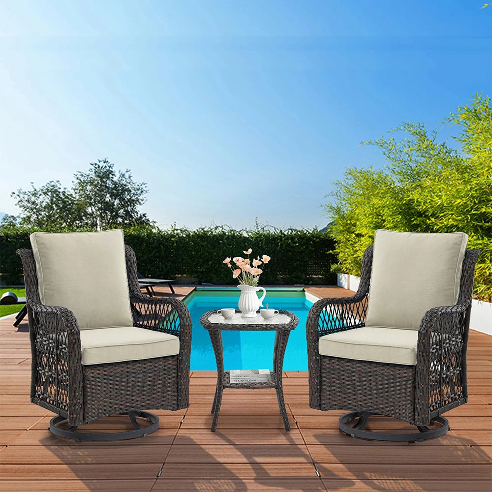 HiMISS 3 Piece Wicker Patio Set With Two Swivel Chairs And Glass Table