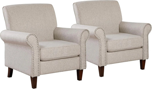 Upholstered Living Room Chair Set of 2 With Rolled Arms