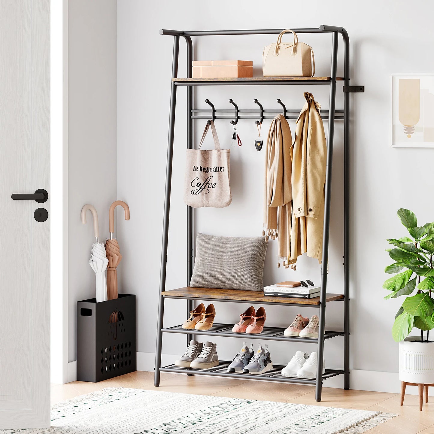 TWISTER.CK Coat Rack 4-In-1 Hall Tree With Shoe Storage