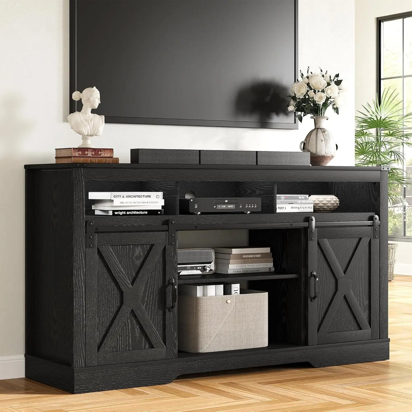 Farmhouse TV Stand with Storage Cabinets, Mid Century Modern Console