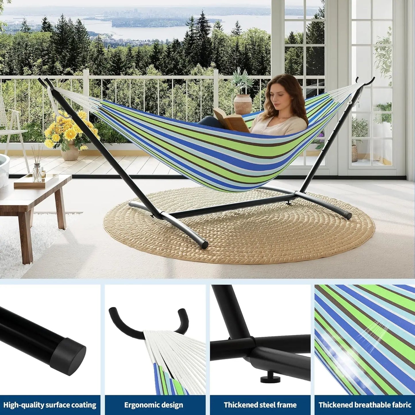 Portable Double Hammock With Stand Heavy-Duty Steel Frame 450 Lbs