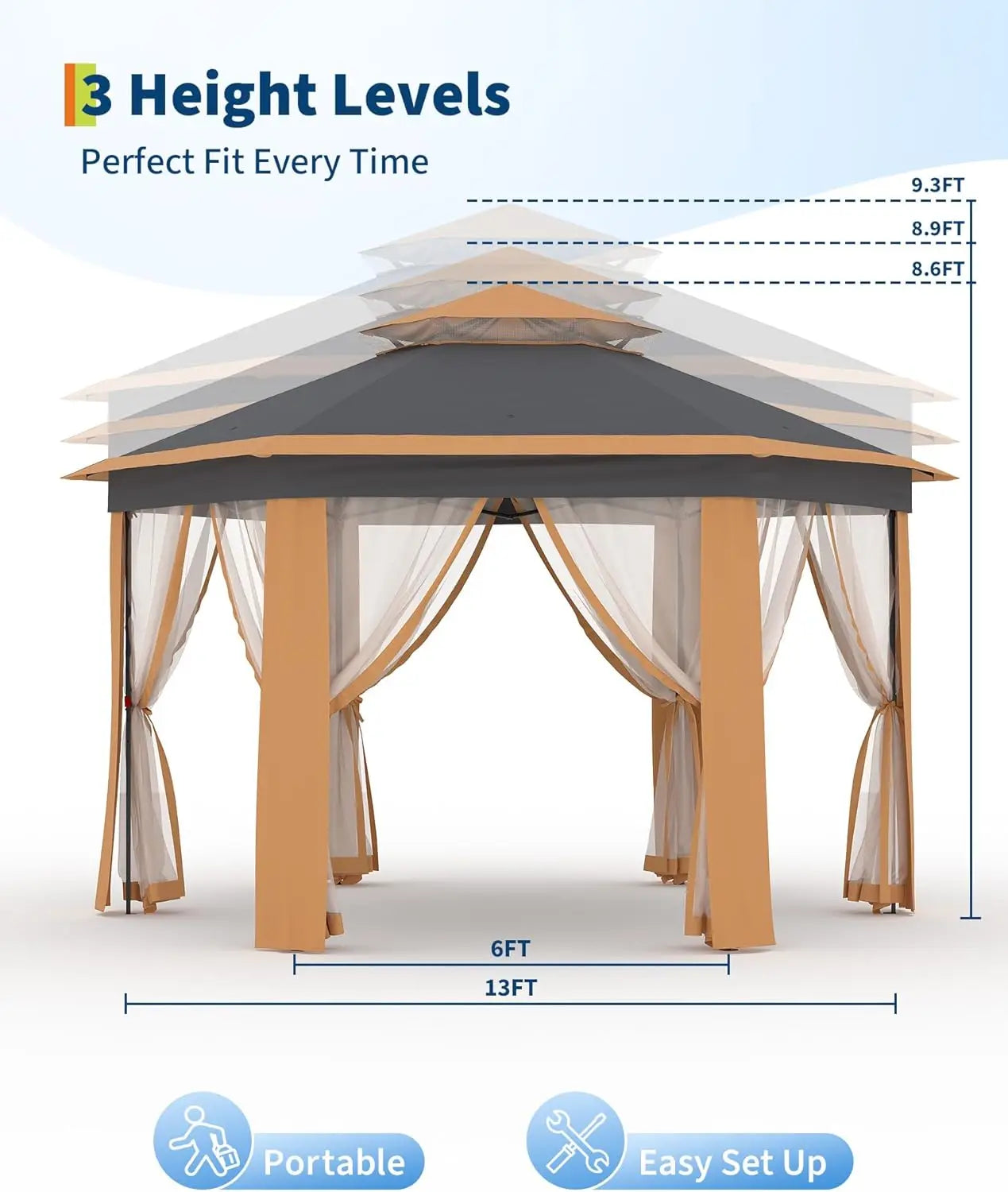 Hexagonal Pop Up Gazebo With Mosquito Net And Steel Frame
