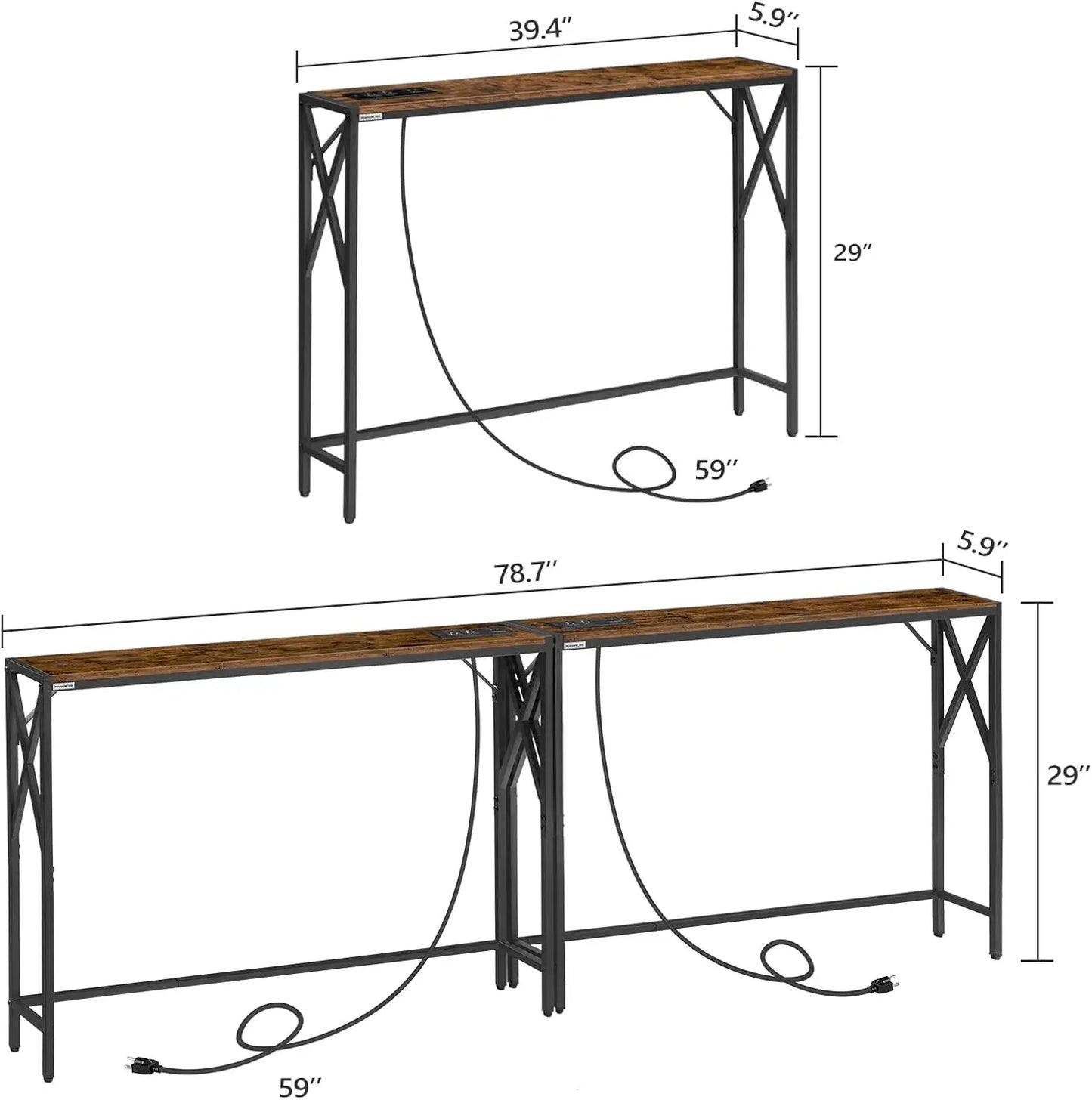 Two Pack Narrow Sofa Table Slim Console With Charging Station
